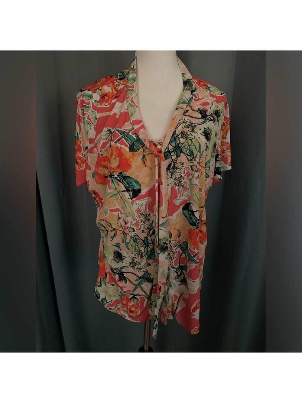 Van Heusen | Peach Floral Short Sleeve Blouse w/ Front Tie | Size XXL